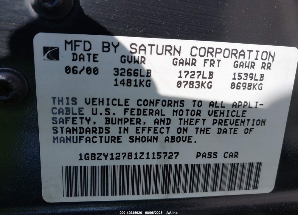 2001 SATURN SC2 VIN: 1G8ZY12781Z115727