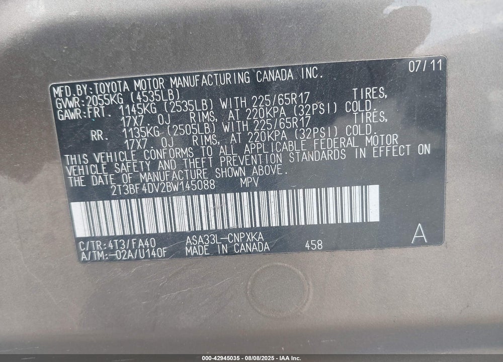 2011 TOYOTA RAV4 VIN: 2T3BF4DV2BW145088