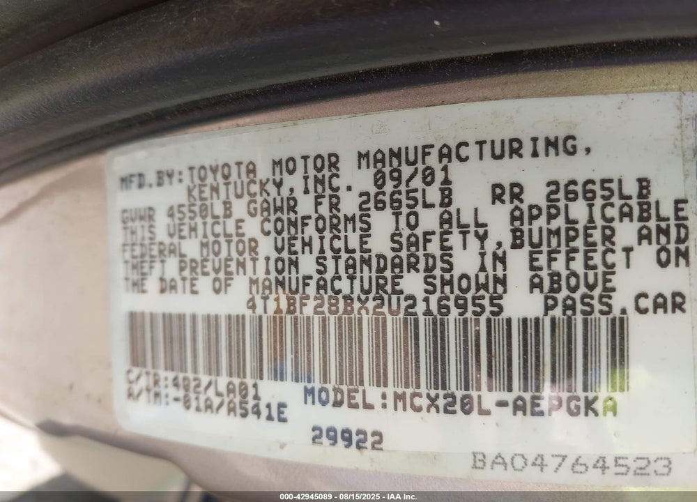 2002 TOYOTA AVALON XLS VIN: 4T1BF28BX2U216955