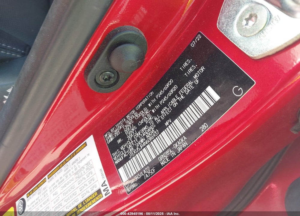 2022 TOYOTA 4RUNNER VIN: JTEKU5JR4N6086937