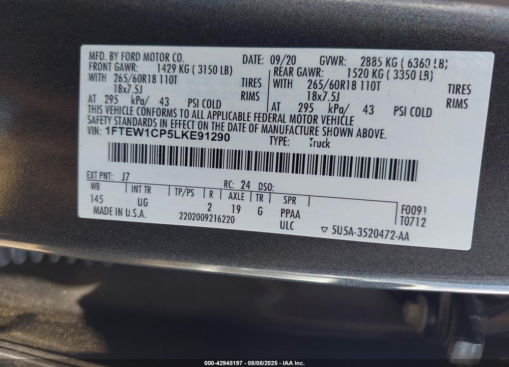 2020 FORD F-150 XLT VIN: 1FTEW1CP5LKE91290
