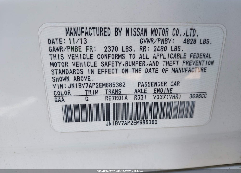 2014 INFINITI Q50 PREMIUM VIN: JN1BV7AP2EM685362
