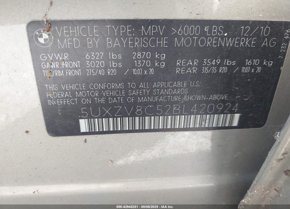 2011 BMW X5 VIN: 5UXZV8C52BL420924