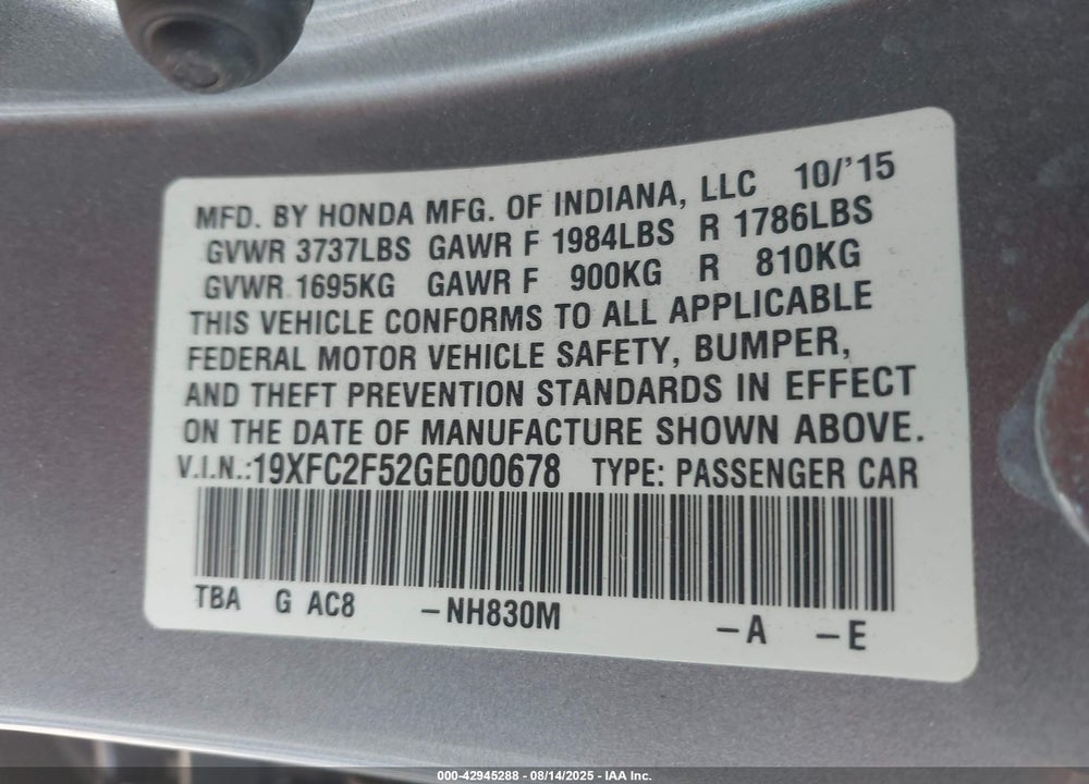 2016 HONDA CIVIC LX VIN: 19XFC2F52GE000678