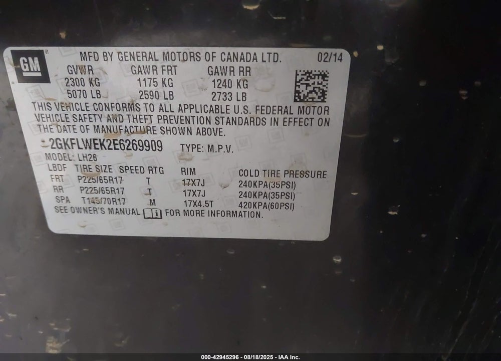 2014 GMC TERRAIN SLE-2 VIN: 2GKFLWEK2E6269909