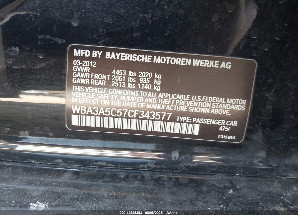 2012 BMW 3 SERIES VIN: WBA3A5C57CF343577