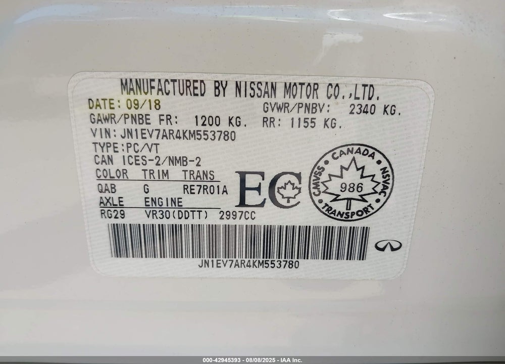 2019 INFINITI Q50 VIN: JN1EV7AR4KM553780