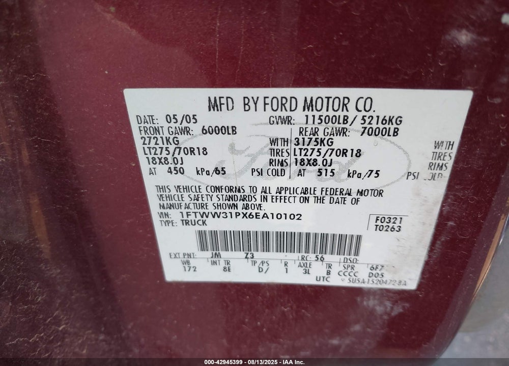 2005 FORD F-350 LARIAT/XL/XLT VIN: 1FTWW31P15EC33188