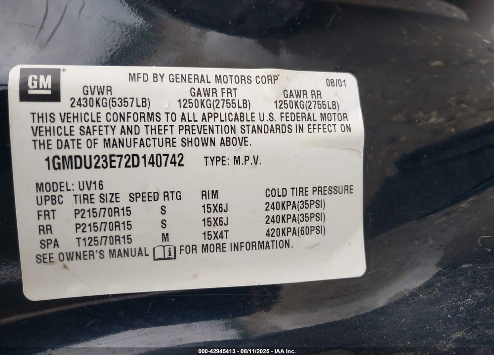 2002 PONTIAC MONTANA V16 VIN: 1GMDU23E72D140742