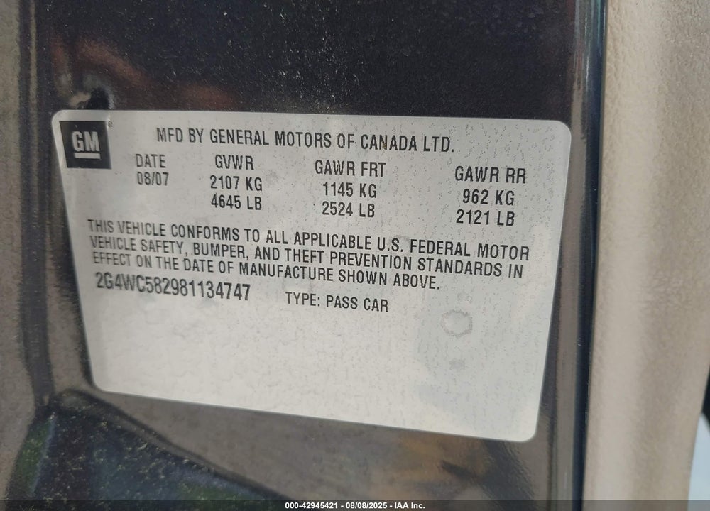 2008 BUICK LACROSSE CX VIN: 2G4WC582981134747
