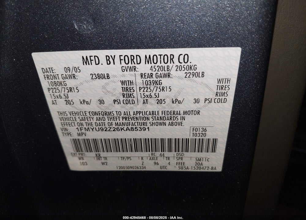 2006 FORD ESCAPE XLS/XLS MANUAL VIN: 1FMYU92Z26KA85391