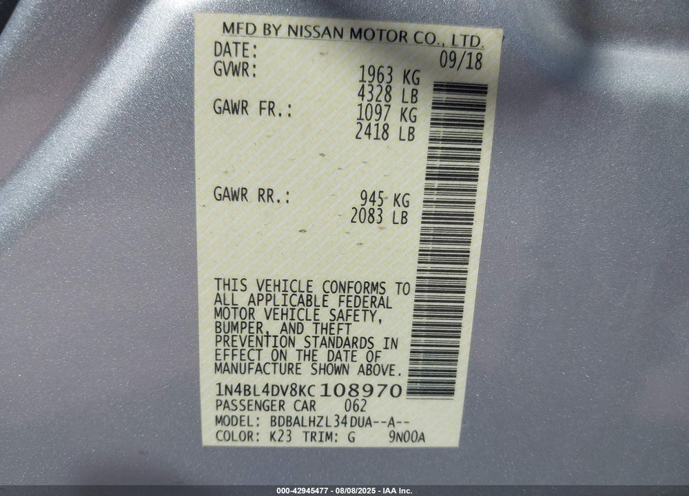 2019 NISSAN ALTIMA VIN: 1N4BL4DV8KC108970