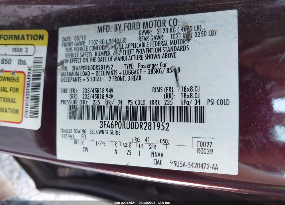 2013 FORD FUSION VIN: 3FA6P0RU0DR281952