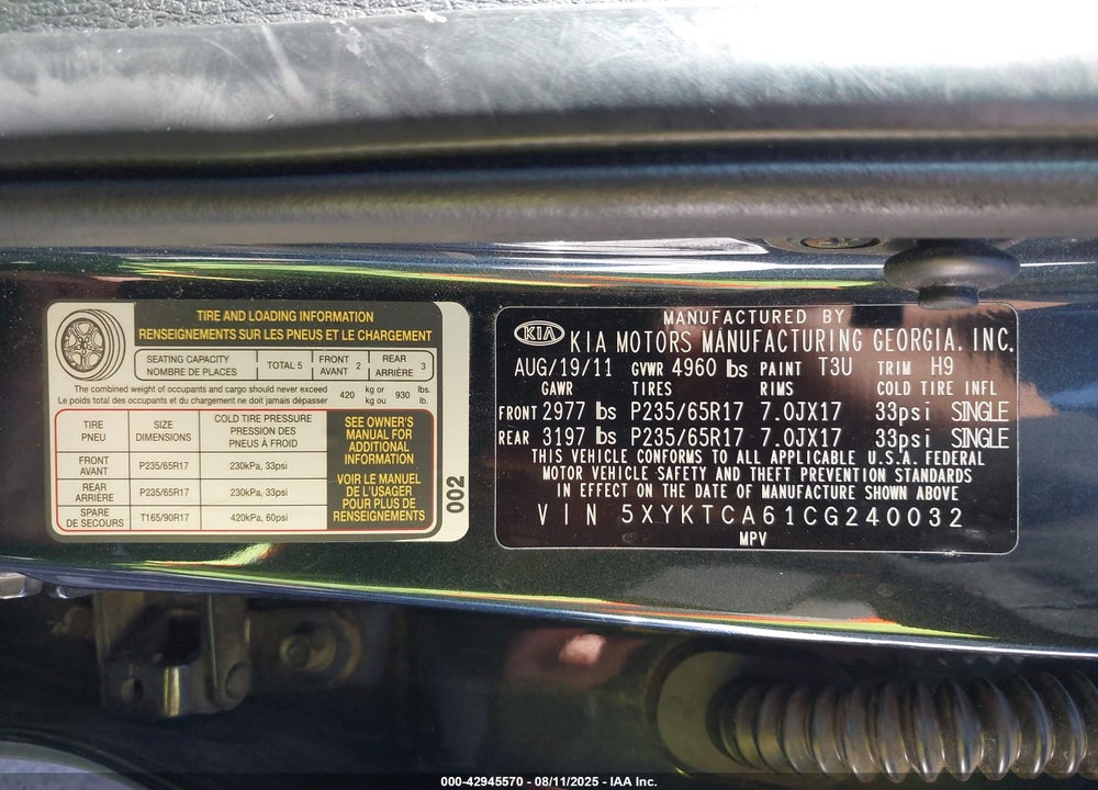 2012 KIA SORENTO VIN: 5XYKTCA61CG240032