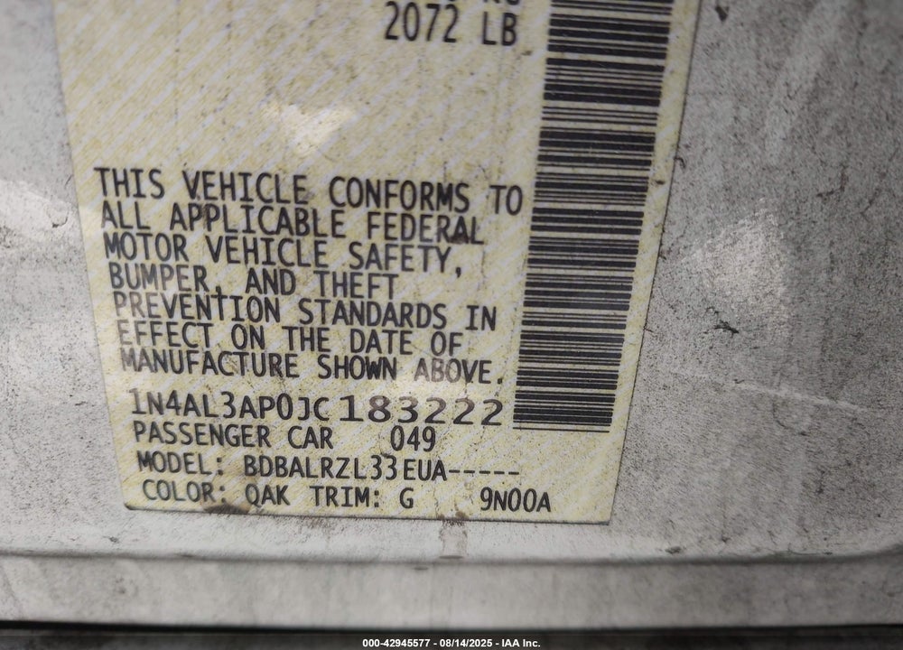 2018 NISSAN ALTIMA VIN: 1N4AL3AP0JC183222