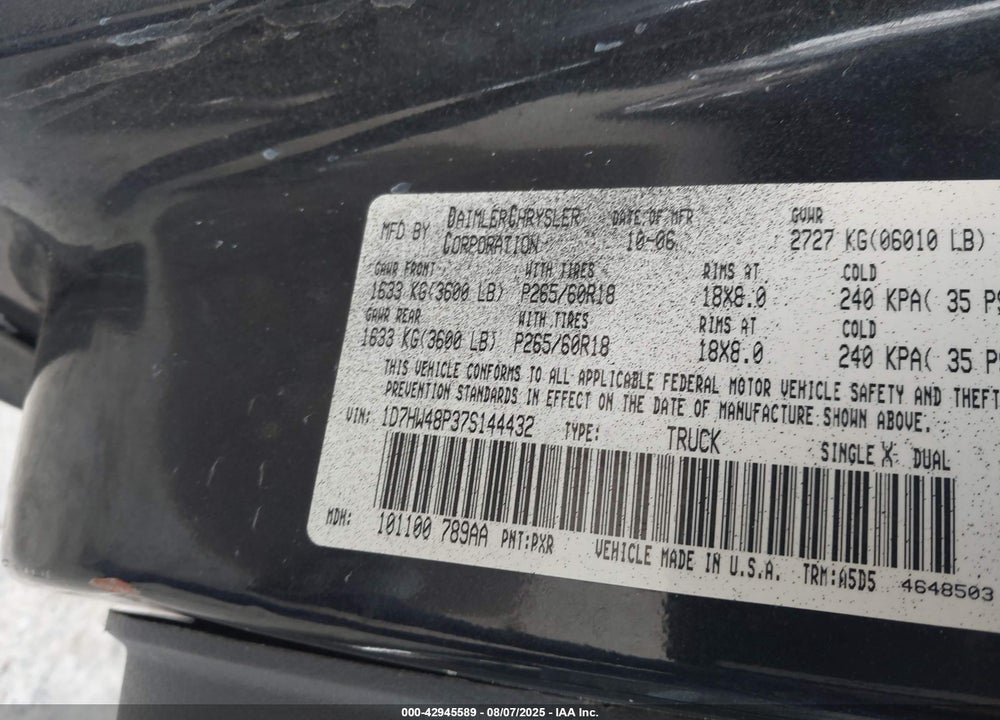 2007 DODGE DAKOTA VIN: 1D7HW48P37S144432