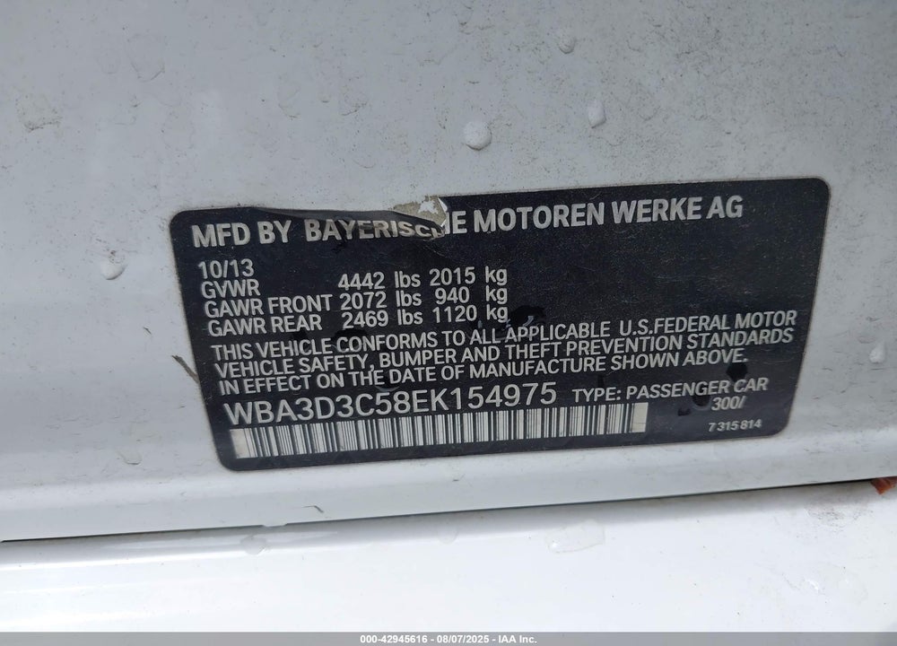 2014 BMW 3 SERIES VIN: WBA3D3C58EK154975