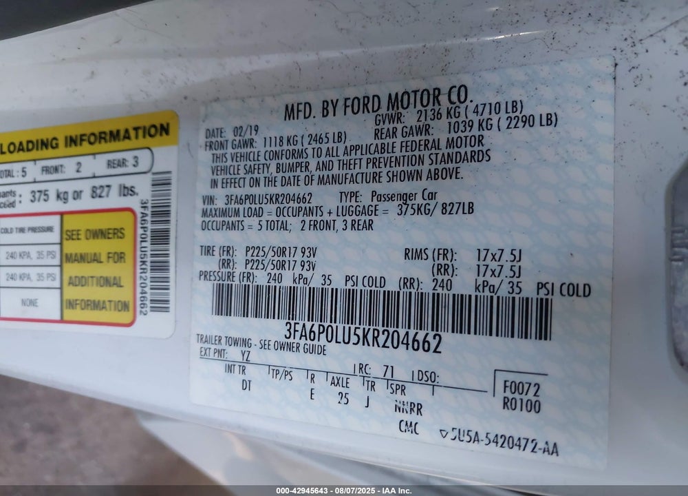 2019 FORD FUSION HYBRID VIN: 3FA6P0LU5KR204662