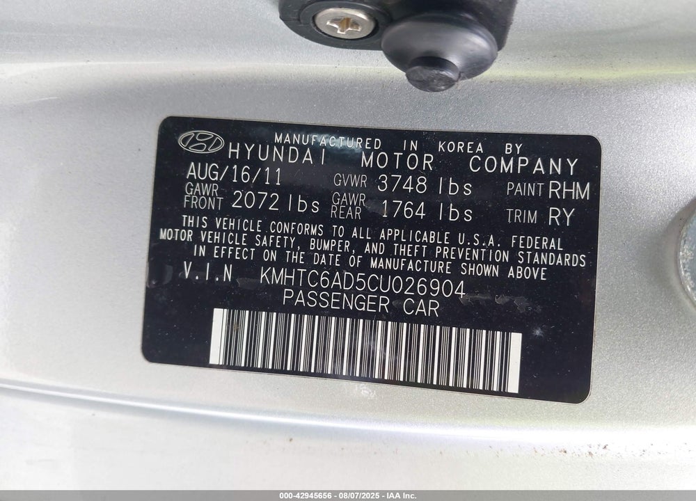 2012 HYUNDAI VELOSTER VIN: KMHTC6AD5CU026904