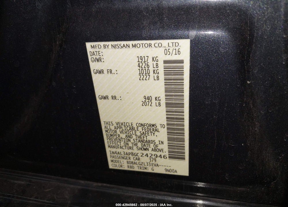 2016 NISSAN ALTIMA VIN: 1N4AL3AP8GC242946