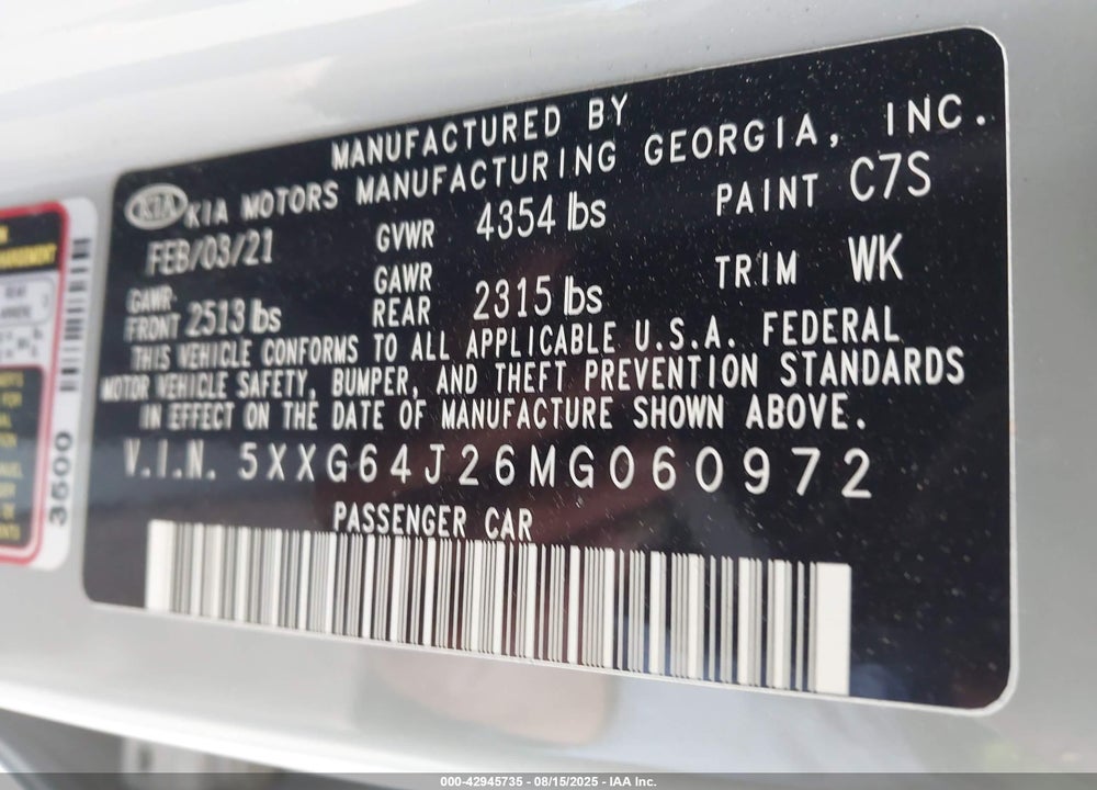 2021 KIA K5 VIN: 5XXG64J26MG060972