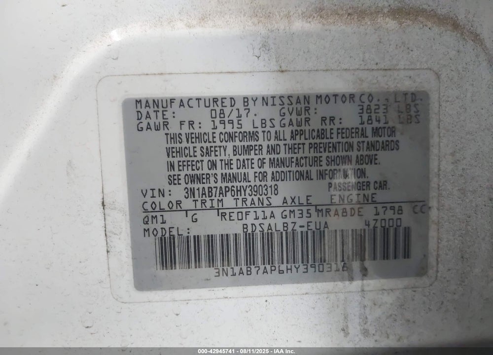2017 NISSAN SENTRA VIN: 3N1AB7AP6HY390318