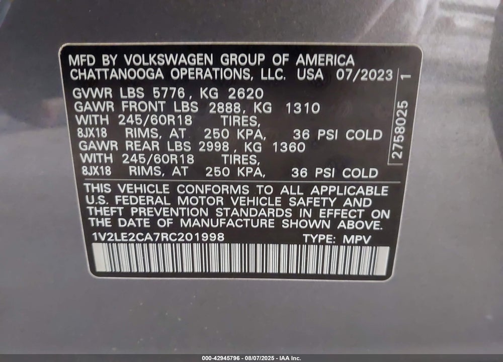 2024 VOLKSWAGEN ATLAS CROSS SPORT 2.0T SE VIN: 1V2LE2CA7RC201998