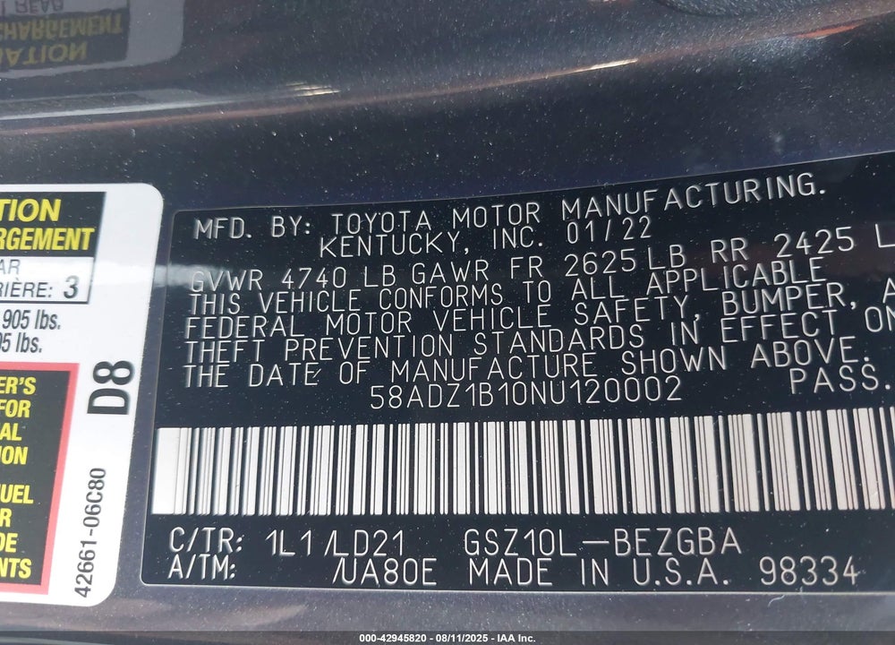 2022 LEXUS ES VIN: 58ADZ1B10NU120002
