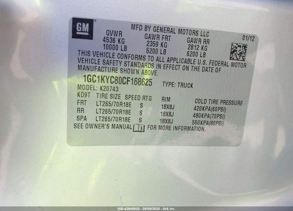 2012 CHEVROLET SILVERADO 2500HD LTZ VIN: 1GC1KYC80CF168625