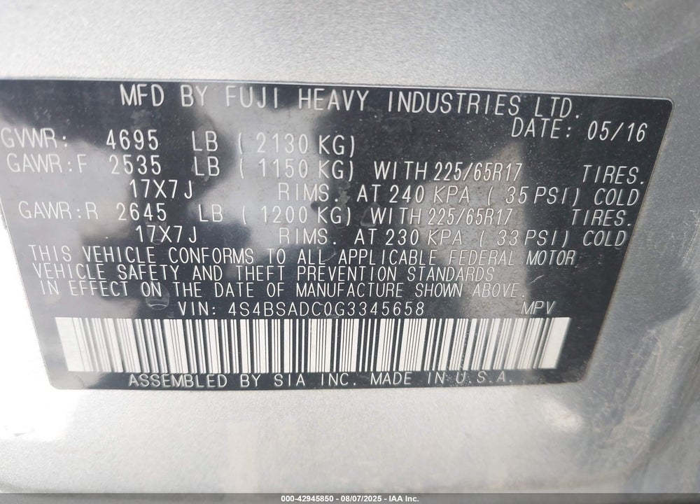 2016 SUBARU OUTBACK VIN: 4S4BSADC0G3345658