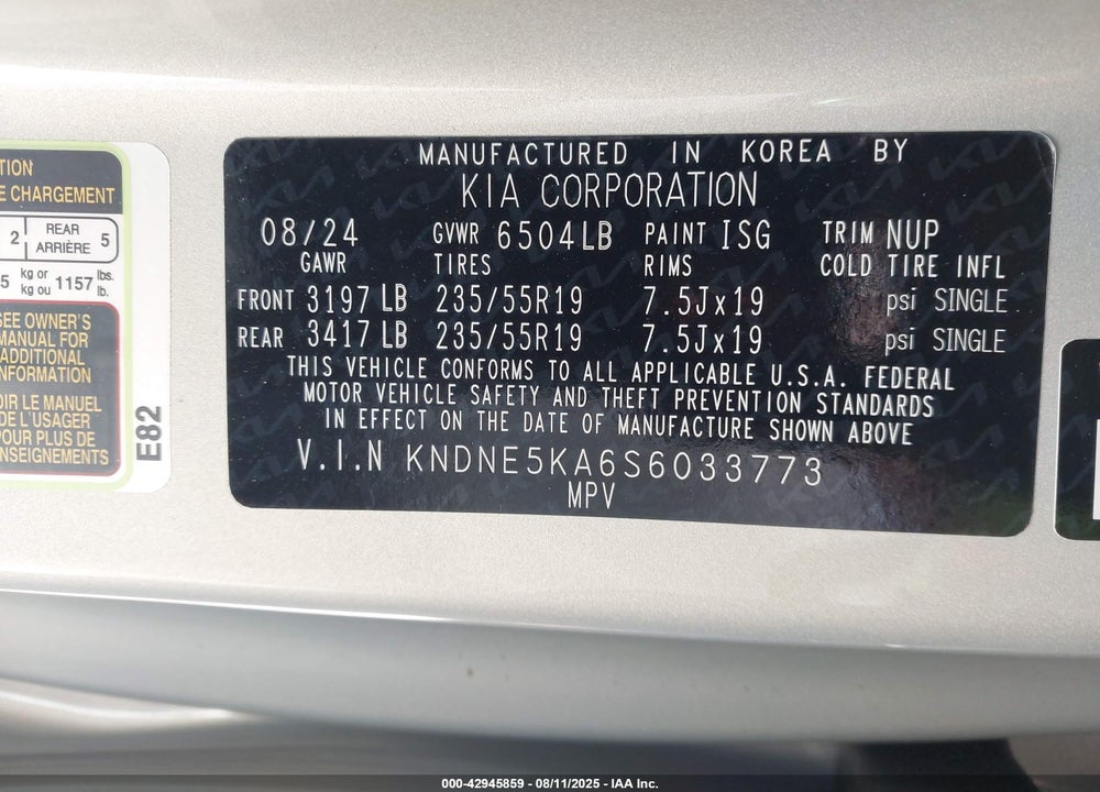 2025 KIA CARNIVAL MPV HYBRID SX PRESTIGE VIN: KNDNE5KA6S6033773