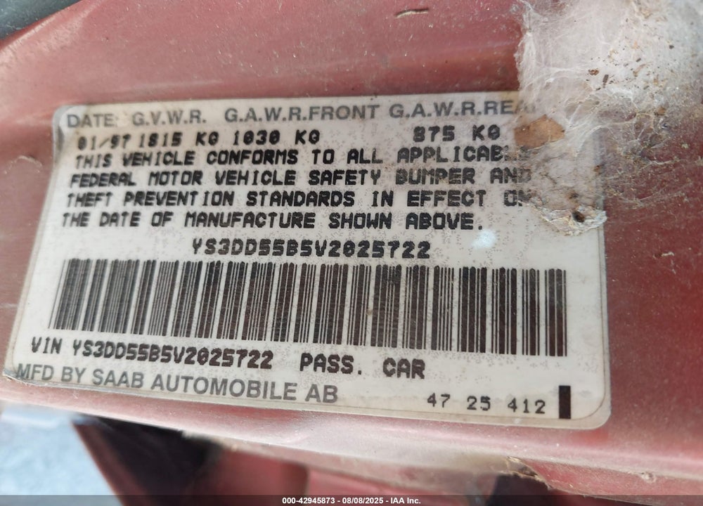 1997 SAAB 900 S VIN: YS3DD55B5V2025722