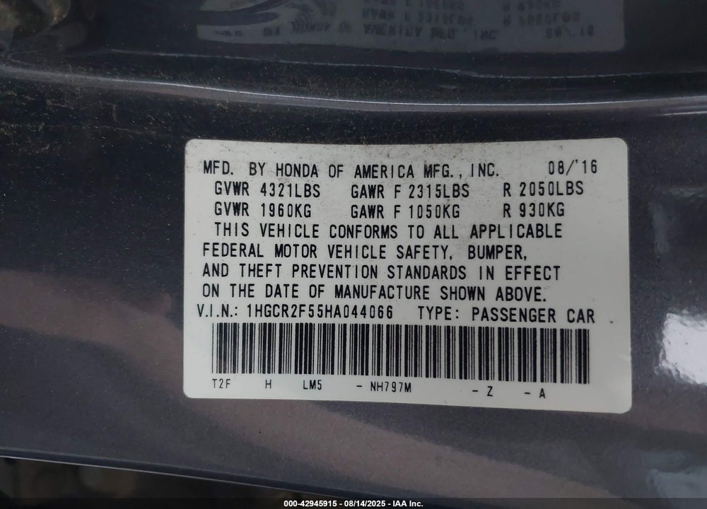 2017 HONDA ACCORD SPORT VIN: 1HGCR2F55HA044066