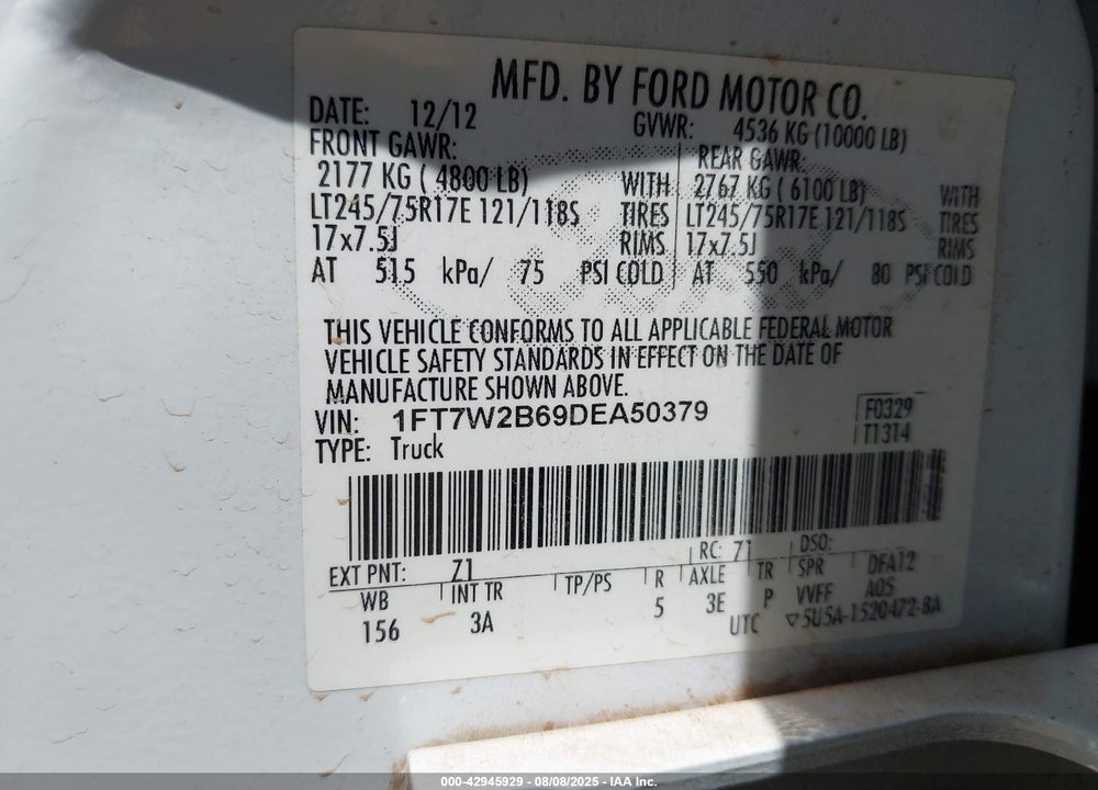 2013 FORD F-250 VIN: 1FT7W2B69DEA50379