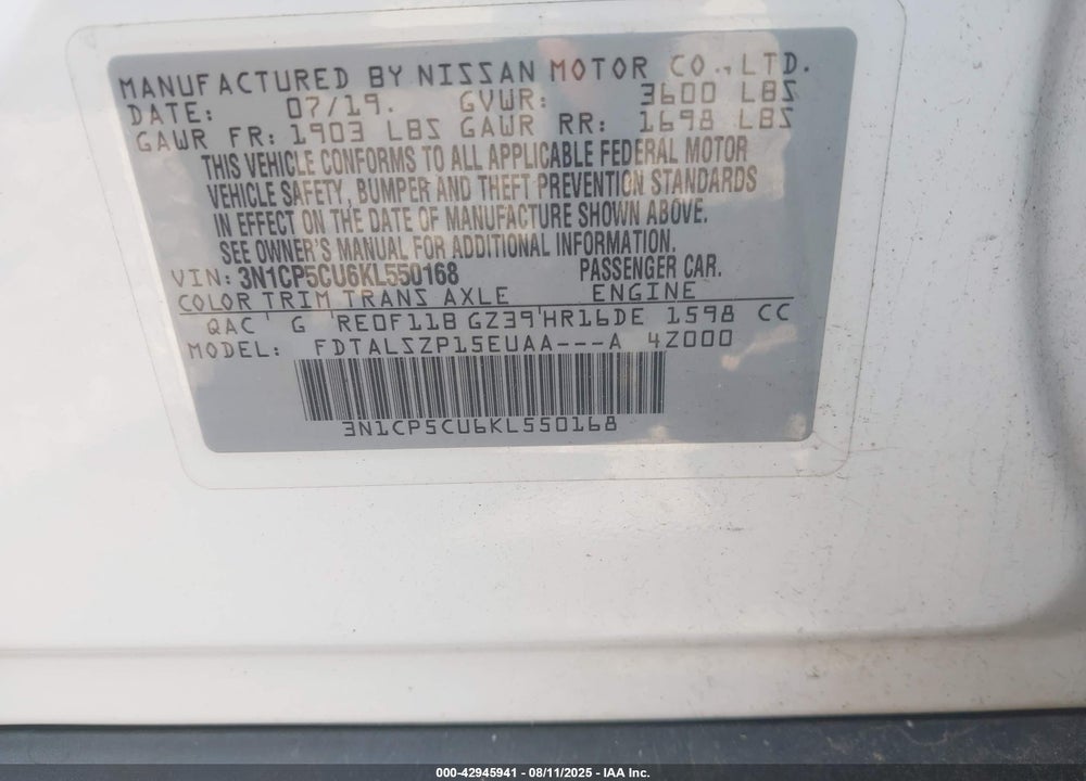 2019 NISSAN KICKS VIN: 3N1CP5CU6KL550168