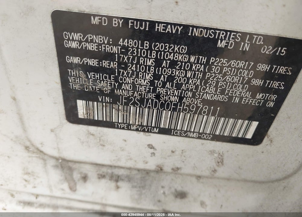 2015 SUBARU FORESTER 2.5I PREMIUM VIN: JF2SJADC0FH597811