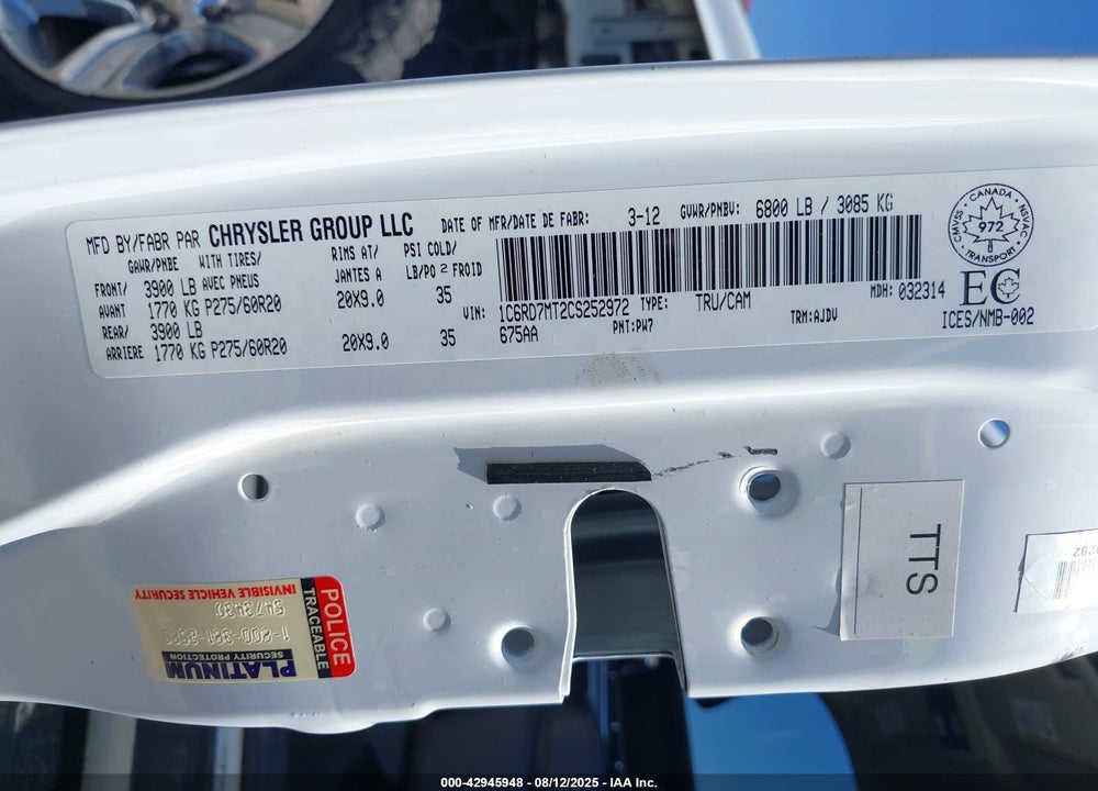2012 RAM 1500 VIN: 1C6RD7MT2CS252972