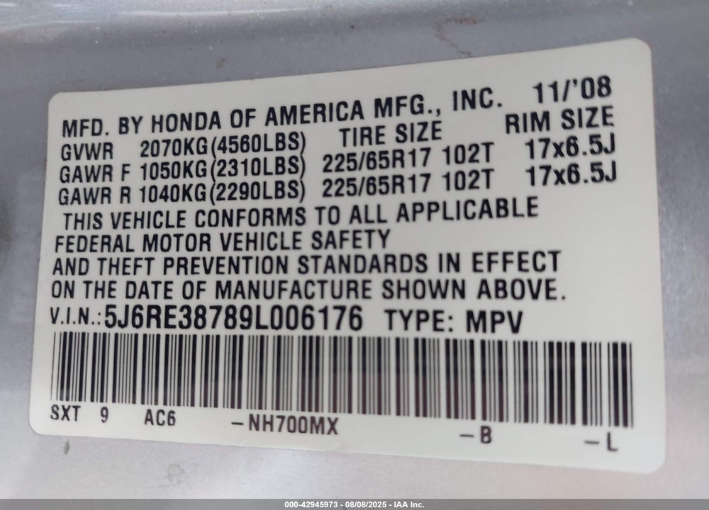 2009 HONDA CR-V VIN: 5J6RE38789L006176
