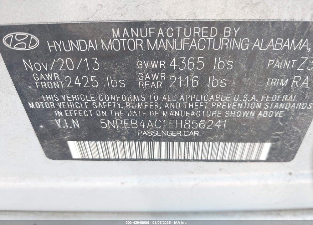 2014 HYUNDAI SONATA VIN: 5NPEB4AC1EH856241