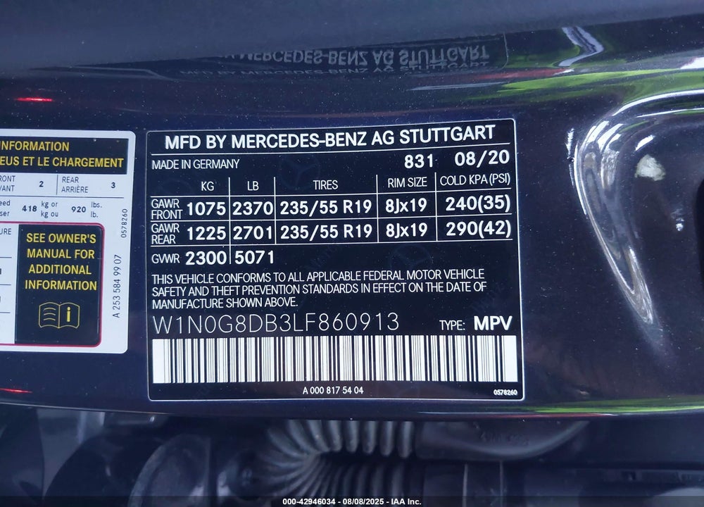 2020 MERCEDES-BENZ GLC CLASS VIN: W1N0G8DB3LF860913