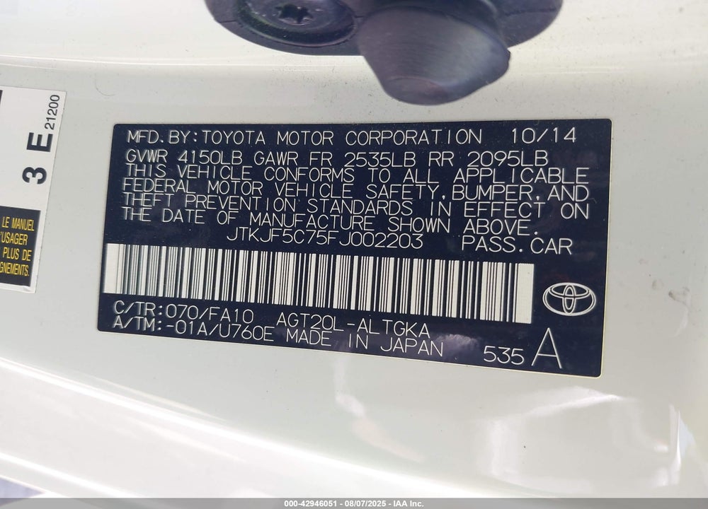 2015 SCION TC VIN: JTKJF5C75FJ002203