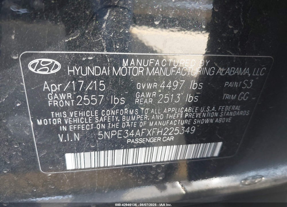 2015 HYUNDAI SONATA VIN: 5NPE34AFXFH225349