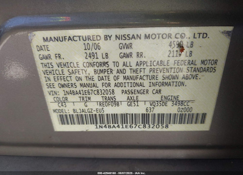 2007 NISSAN MAXIMA VIN: 1N4BA41E67C832058