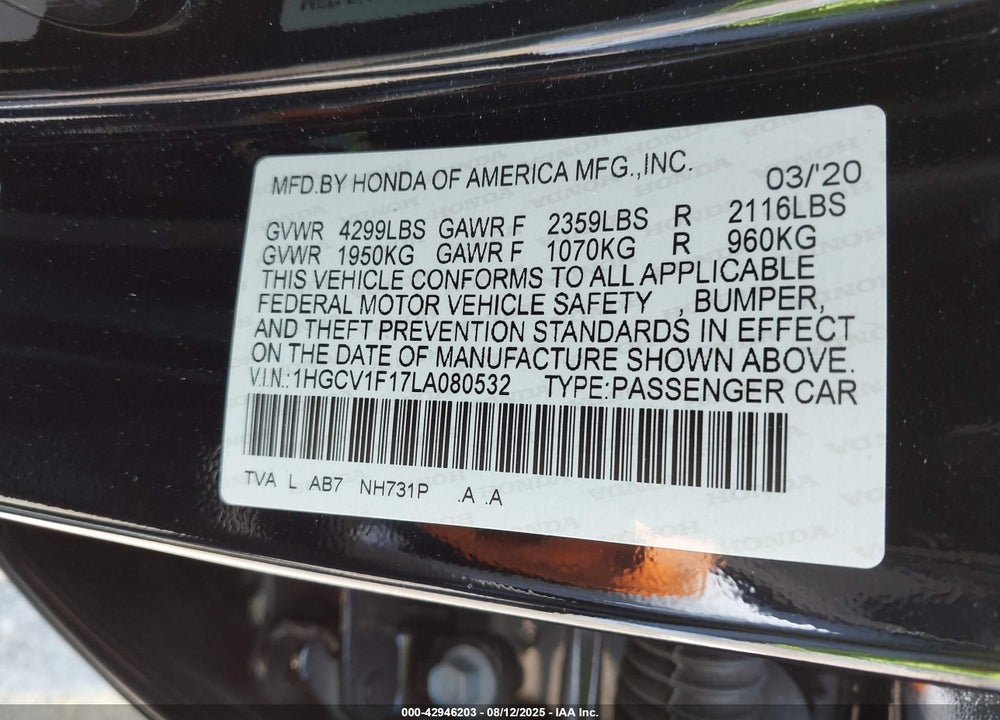 2020 HONDA ACCORD VIN: 1HGCV1F17LA080532