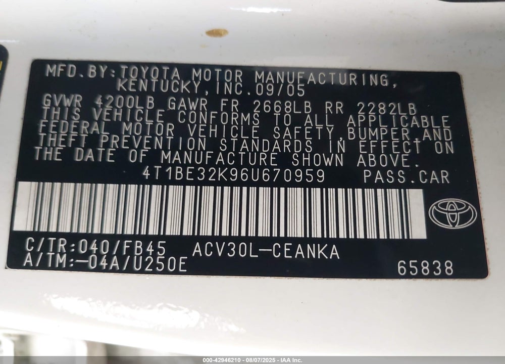 2006 TOYOTA CAMRY LE VIN: 4T1BE32K96U670959