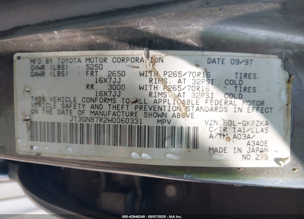 1998 TOYOTA 4RUNNER SR5 V6 LIMITED VIN: JT3GN87R2W0060331