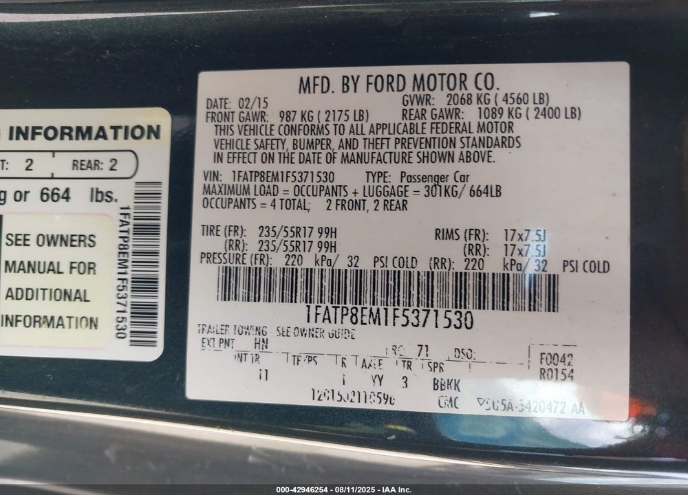 2015 FORD MUSTANG VIN: 1FATP8EM1F5371530
