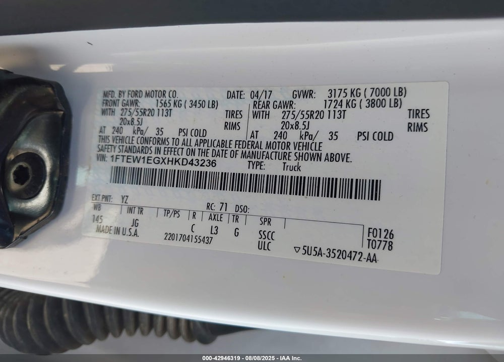 2017 FORD F-150 VIN: 1FTEW1EGXHKD43236