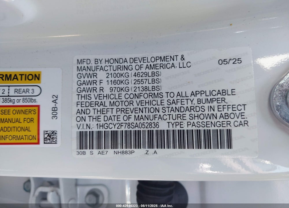2025 HONDA ACCORD VIN: 1HGCY2F78SA052836
