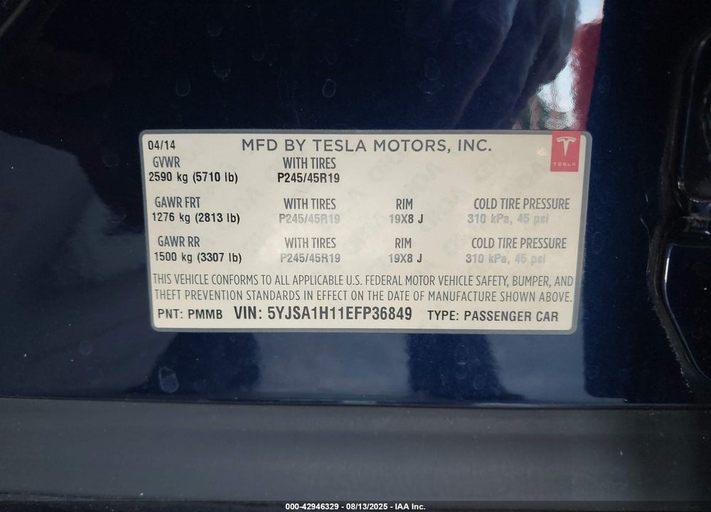 2014 TESLA MODEL S VIN: 5YJSA1H11EFP36849
